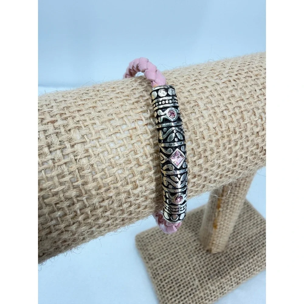 Pink Braided Woven Leather Bracelet Silver Plated Tube w/ Pink Crystals Boho OS